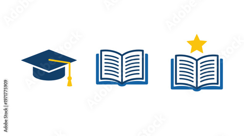 Graduation Cap, Open Book, Star Icon - Education and Success Symbols