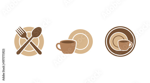 Simple Flat Icons: Dinnerware, Coffee Cup & Saucer, Plate Set