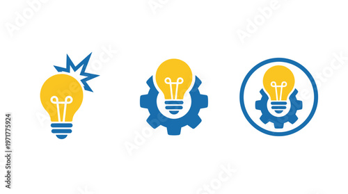 Innovation and ideas icons: light bulb, gears, and cogwheel
