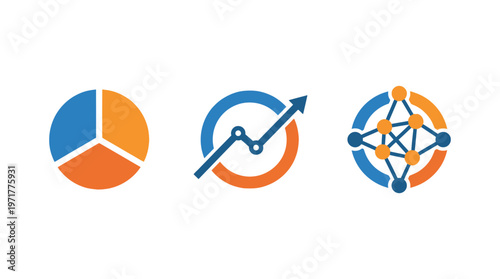 Business analytics icons: pie chart, growth graph, network diagram on white background