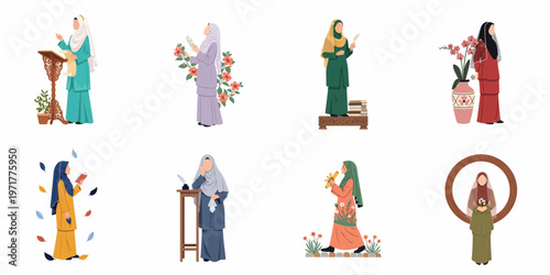 A collection of flat vector illustrations depicting Malay Muslim women in traditional Baju Kurung participating in various literary and cultural activities.