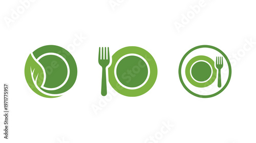 Green Plate and Fork Icons: Healthy Eating, Organic Food, Vegan Diet, Restaurant Logo