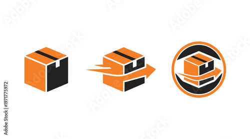 Delivery Box Icons: Single, Arrow Motion, and Circular Emblem