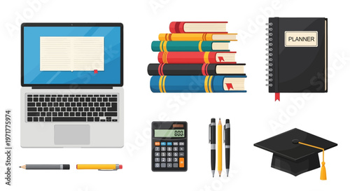 Education Essentials with a Laptop Books and Graduation Cap