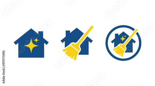 House Cleaning Service Icons: Sparkle, Broom, and Badge | Vector Illustration