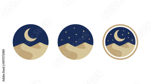Desert Night Landscape Icons: Crescent Moon, Stars, Dunes