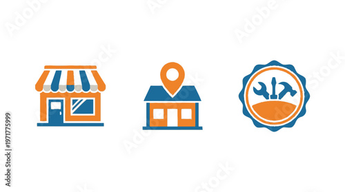 Small Business Icons: Shop, Location, and Workshop
