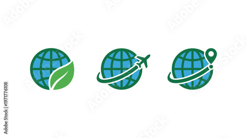 Global travel icons: eco, flight, and location. Green icons on white background.