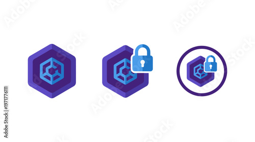 Digital Security Icons: Hexagonal Emblem, Padlock, and Circle Badge
