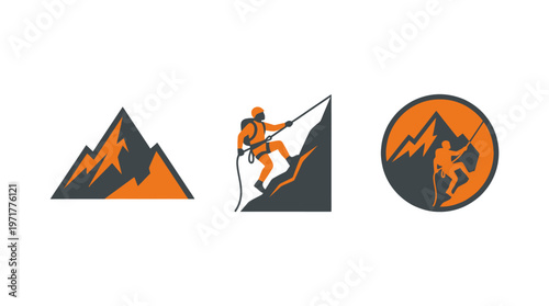 Mountain Climbing Icons: Silhouette of Climber, Mountain Peaks, and Circular Emblem