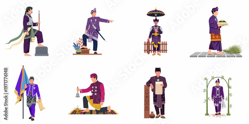A collection of men in traditional purple and gold Indonesian or Malay ceremonial costumes performing various cultural and ritual activities.