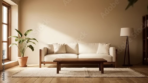 A serene living room interior with a couch, coffee table, plant, and lamp on a rug.