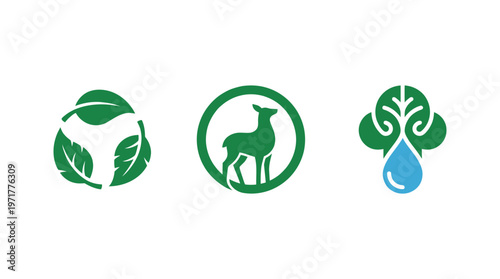 Eco-friendly icons: recycling, deer in circle, water drop and leaf