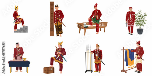 Vector Illustration Set of a Man in Traditional Indonesian Malay Attire Wearing Red Beskap and Holding a Keris in Various Cultural Poses.