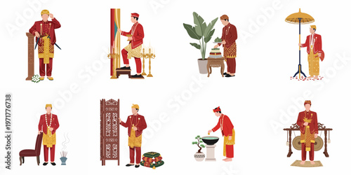 Collection of traditional Malay wedding illustrations featuring grooms in red and gold songket attire performing various ceremonial rituals and poses.