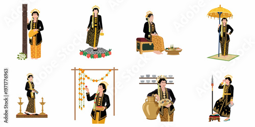 Collection of flat vector illustrations featuring women in traditional Javanese wedding attire and cultural ceremonial poses on a white background.