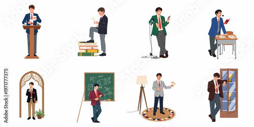 Illustrations of a young male student in various school and professional activities such as public speaking, studying, and achieving success.
