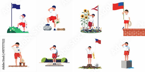 Illustrations of a young boy in a scout-like uniform saluting in various outdoor environments, representing patriotism, adventure, and childhood exploration.