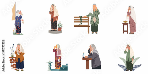 Set of flat illustrations featuring elderly Indonesian women in traditional kebaya mourning and crying, representing grief and cultural heritage.