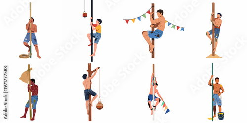 Illustration set of men climbing greasy poles for traditional Panjat Pinang competition during Indonesian Independence Day celebrations, flat vector style.