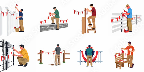Vector illustration set of men hanging festive red and white triangle bunting flags on different styles of fences, gates, and outdoor structures.