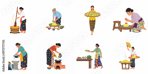 Indonesian women in traditional kebaya and sarong preparing Nasi Tumpeng yellow rice, featuring various cooking, shaping, decorating, and serving steps.
