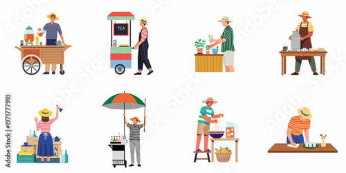 Collection of diverse people selling and preparing refreshing summer beverages like lemonade and tea from various stalls, carts, and market stands.