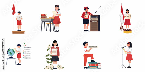 Collection of illustrations depicting Indonesian elementary students reading the proclamation of independence in various school and historical settings.