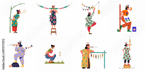 Collection of women participating in traditional Indonesian games and cracker eating competitions during Independence Day festivities in flat vector style.