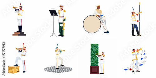 Collection of Military Band Musicians in Ceremonial White Uniforms Playing Trumpets and Drums in Various Poses