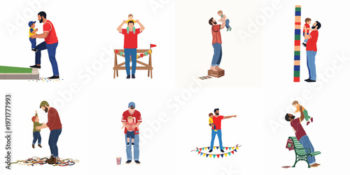 Diverse collection of flat vector illustrations depicting fathers bonding with their toddlers in various settings such as festivals, parades, and outdoor events.
