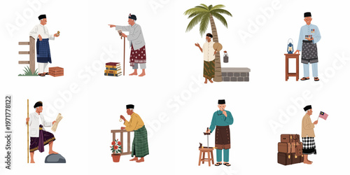 Vector Illustrations of Elderly Malay Men in Traditional Attire Representing Cultural Heritage, History, and Independence of Malaysia