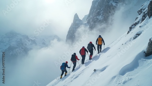 Group of climbers ascend snowy mountain slope. Team uses poles for balance on steep terrain with clouds. They wear winter gear, backpacks, and helmets. A challenging expedition.