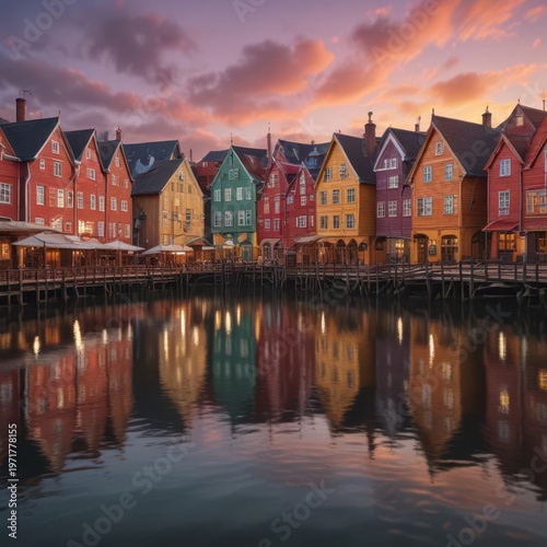 Bryggen Wharf at dusk with colorful wooden buildings,  medieval, historic architecture