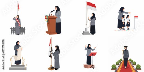 Illustrations of Indonesian Female Civil Servants in Hijab Performing Various Roles in National Ceremonies, School Activities, and Leadership Events