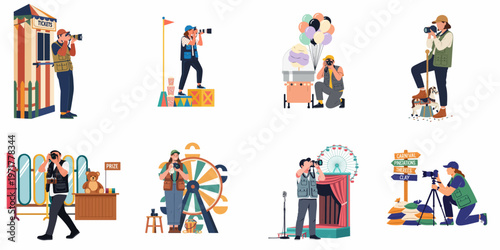 A set of flat vector illustrations featuring photographers taking pictures at a carnival with various amusement park attractions and equipment.