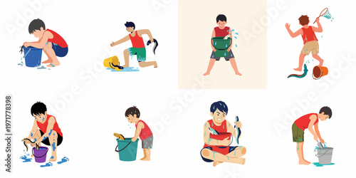 A set of illustrations showing a young boy catching and playing with fish and eels in colorful buckets, capturing the essence of messy summer fun.