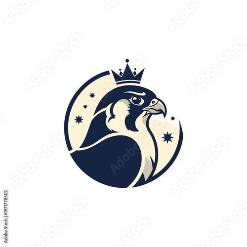 Regal crowned falcon profile illustration, a majestic bird of prey emblem in stylized vector art, symbolizing power.