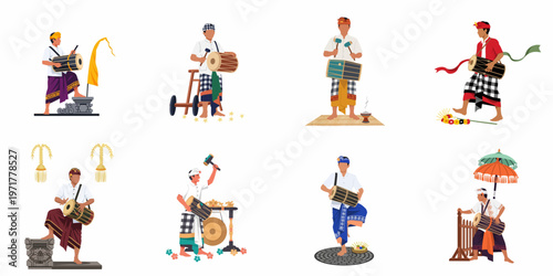 Collection of Balinese traditional musicians playing the kendang drum in various ceremonial poses, wearing ethnic Indonesian outfits, isolated on a white background.