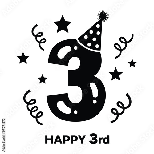 Third Celebration Event Graphic with Number Three, Party Hat, Stars, and Confetti Icon