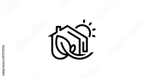 Eco-friendly house with sun and leaf icon, sustainable living concept