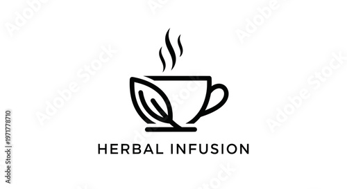 Herbal Infusion Icon: Steaming Cup of Tea with Leaf and Text