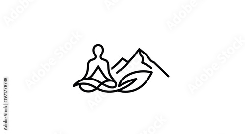 Minimalist Yoga Meditation Icon with Mountain and Leaf Outline