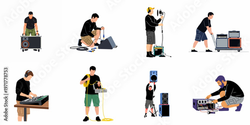 Flat illustration collection of audio technicians and stagehands setting up professional sound equipment for live events, concerts, or studio recording sessions.