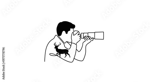 Man with Binoculars Searching for Wildlife, Deer Silhouette on Shirt