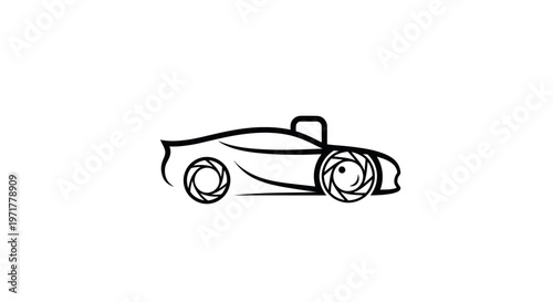 Sleek convertible sports car icon with camera lens wheels on white background