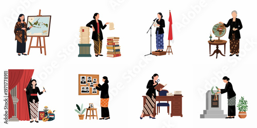 Illustration set of Indonesian women in traditional kebaya performing historical and educational roles related to national heritage, history, and patriotic commemorations.