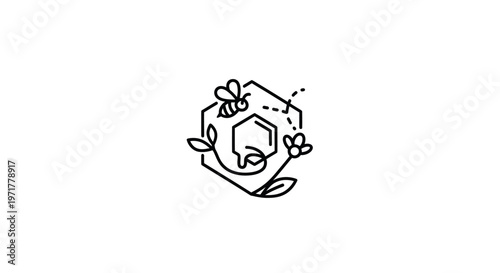 Minimalist Bee and Honeycomb Line Art with Flowers