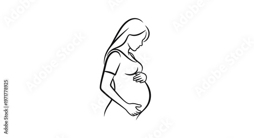 Pregnant Woman Silhouette Outline, Expecting Mother Holding Belly, Simple Line Art