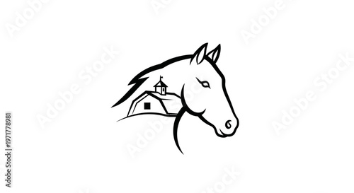 Horse Head Silhouette with Farm Barn Icon, Rural Life Emblem